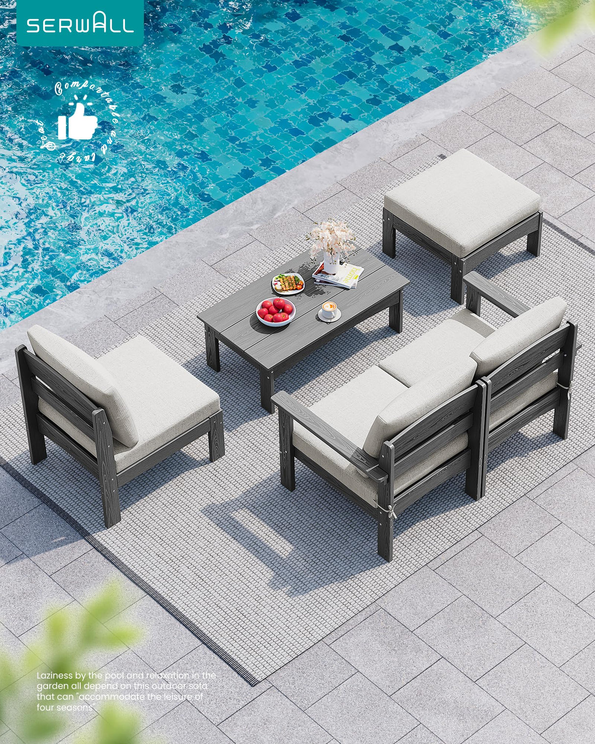 SERWALL 2 Pieces Patio Sofas, HDPE Outdoor Conversation Set with Cushions and Ottoman, Modular Sectional Patio Furniture for Backyard, Deck, Garden, Poolside, Grey Frame with Khaki Cushion SERWALL
