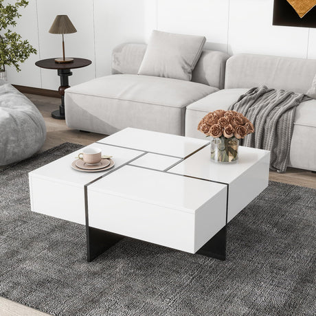 Merax Coffee Table, Modern Extendable Coffee Table with 4 Hidden Storage Compartments, UV High-Gloss Square Center Cocktail Table with Sliding Tabletop for Living Room, 31.5"x 31.5" (White) Merax