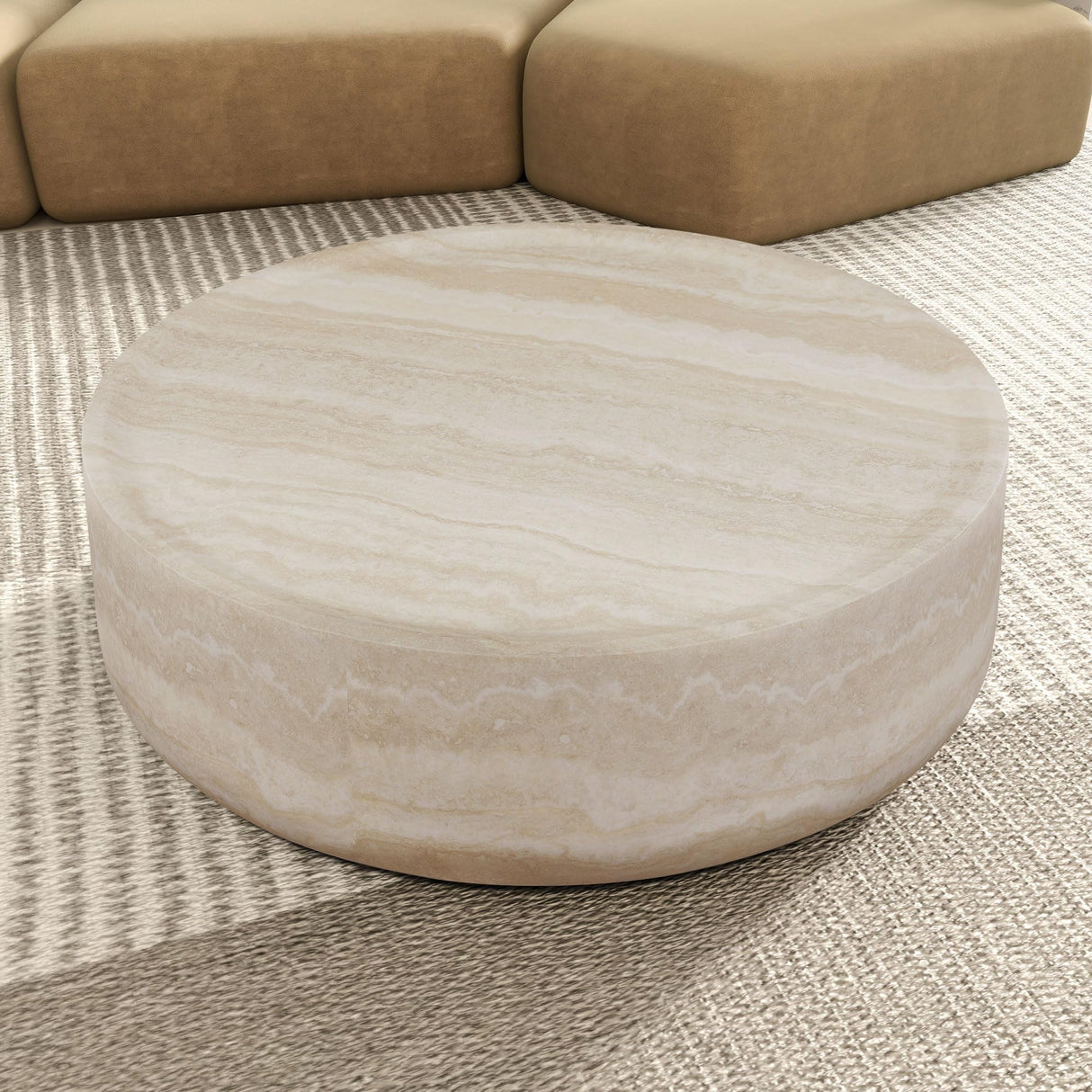KEIKI 35" Round Fiberglass Coffee Table with Faux Mars Pattern, Modern Style Circle Coffee Table with Faux Travertine Textured, No Assembly Required, for Living Room, Bedroom, Reception Room, Marble KEIKI