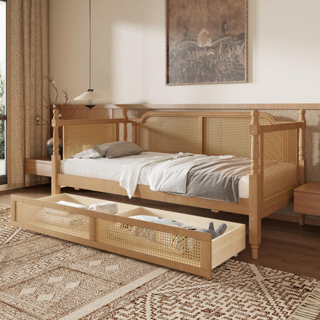 Merax Full Size Bedframe with 2 Storage Drawers and Footboard, Vintage Wooden Daybed Platform Bed with Natural Rattan Headboard, No Box Spring Needed, Noise-Free, Antique Walnut Merax