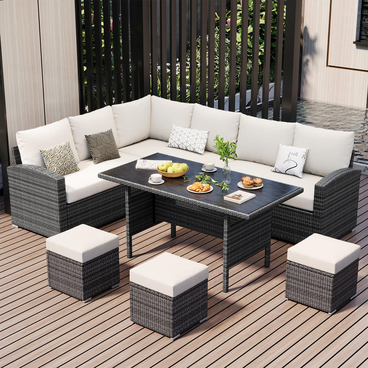 7 Piece Outdoor Patio Furniture Set with Plastic Wooden Table, Patio Rattan Conversationr Sofa Set, All Weather Sectional Rattan Sofa and Chairs, Garden, Porch, Poolside, Grey + Beige GAOMON