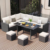 7 Piece Outdoor Patio Furniture Set with Plastic Wooden Table, Patio Rattan Conversationr Sofa Set, All Weather Sectional Rattan Sofa and Chairs, Garden, Porch, Poolside, Grey + Beige GAOMON