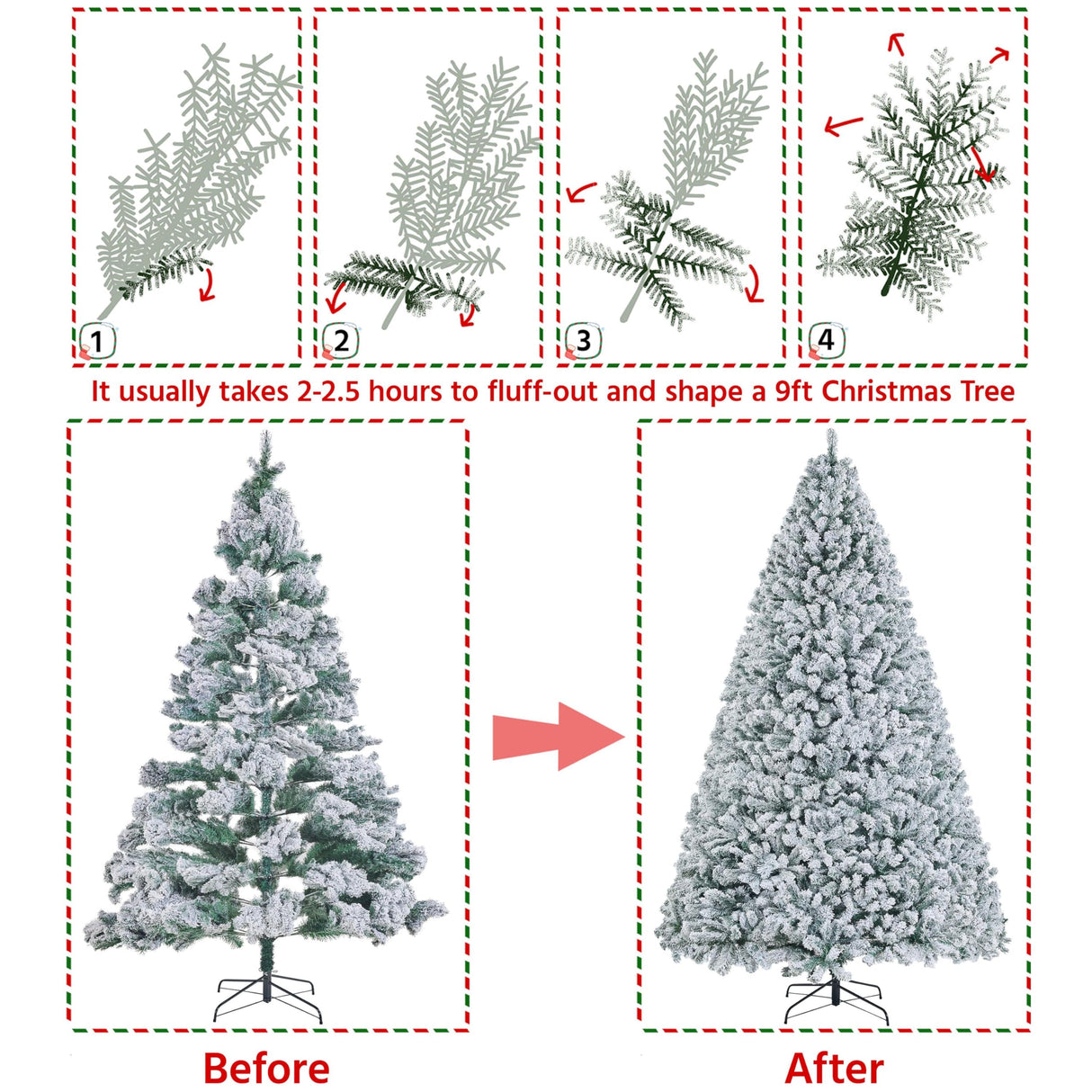 Yaheetech 9ft Premium Snow Flocked Hinged Artificial Christmas Fake Spruce Full Tree for Home Office Party Decoration with 2108 Branch/PVC Tips/Foldable Stand Yaheetech