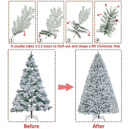 Yaheetech 9ft Premium Snow Flocked Hinged Artificial Christmas Fake Spruce Full Tree for Home Office Party Decoration with 2108 Branch/PVC Tips/Foldable Stand