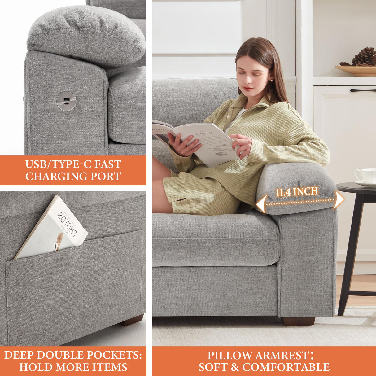 Ihanherry 71.5 Inch Loveseat Pillow-Armrest Sofa with USB/Type-C Charging Port, Modern 2-Seats Sofa for Living Room & Bedroom, Removable Medium Firm Cushion, Breathable Chenille Fabric, Grey Ihanherry