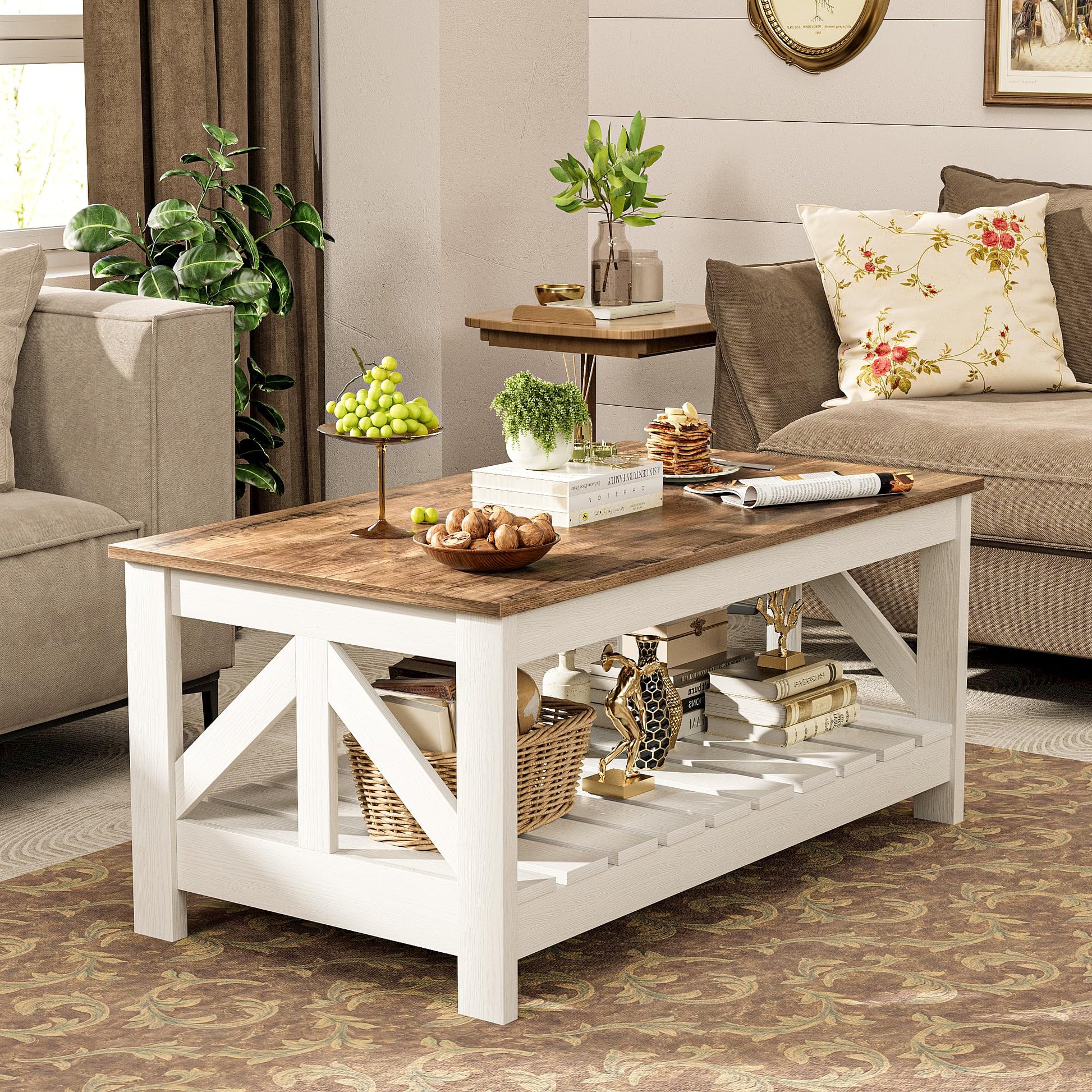 JUMMICO 39” Farmhouse Coffee Table for Living Room, 2-Tier Modern Living Room Table with Storage Shelf, Rustic Rectangular Center Table Space Saving Home Furniture (Rustic Oak & White) - WoodArtSupply