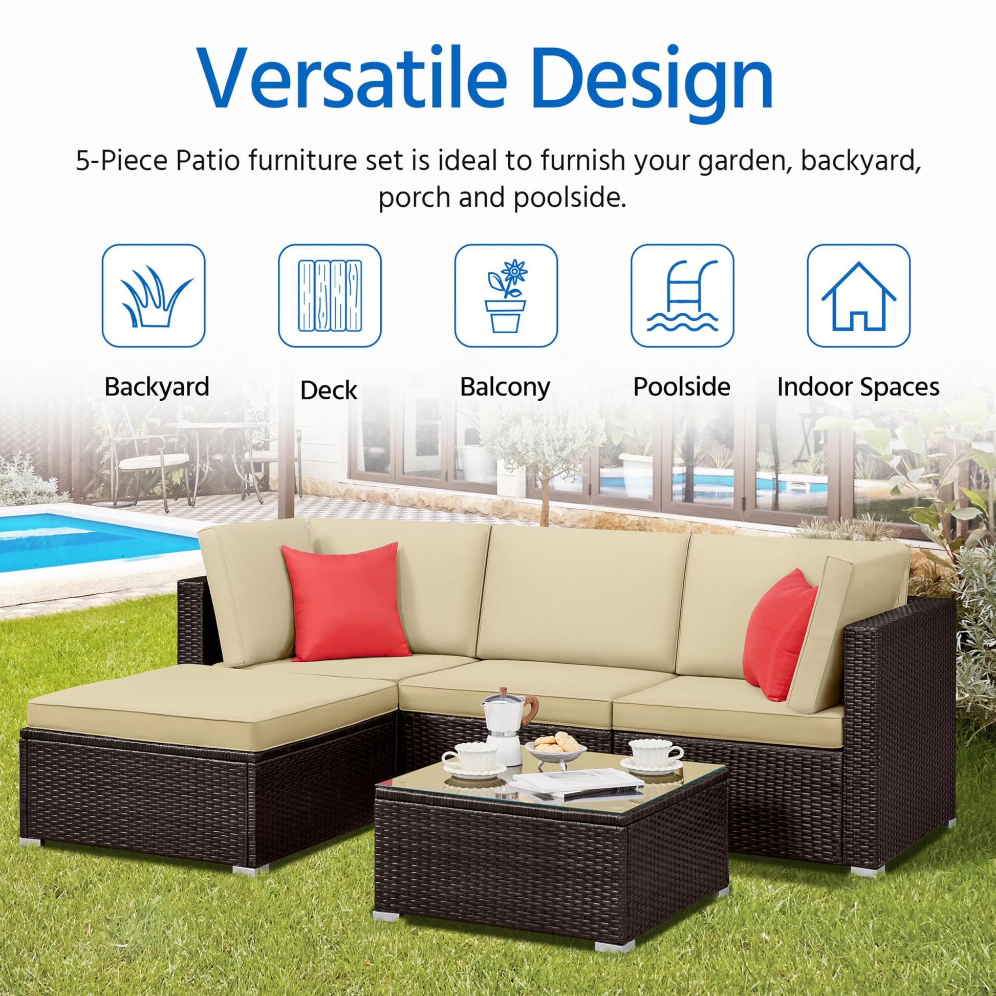 Yaheetech Patio Furniture Set, 5-Piece Outdoor/Indoor Rattan Wicker Sofa Set w/Glass-top Table & Cushions, All-weather Conversation Lounge Set for Porch/Yard/Poolside/Balcony - Brown/Khaki - WoodArtSupply