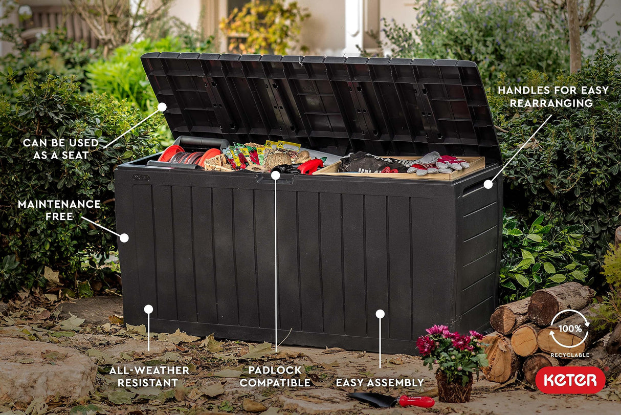 Keter Marvel Plus 71 Gallon Resin Deck Box-Organization and Storage for Patio Furniture Outdoor Cushions, Throw Pillows, Garden Tools and Pool Toys, Dark Grey Keter