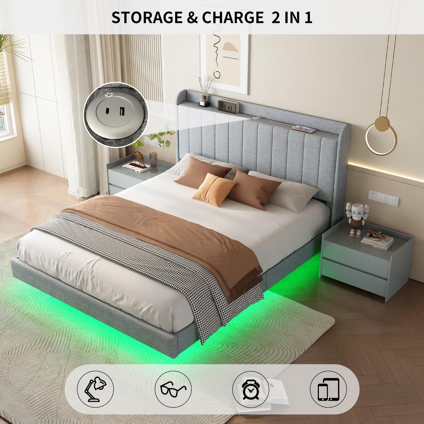 YOPTO Modern Queen Size Floating Bed Frame with APP-Controlled RGB LED Lights, USB Port & Storage Headboard in Light Grey - WoodArtSupply