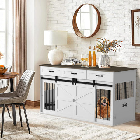 RQZ 65" Double Dog Crate Furniture for 2 Dogs Heavy Duty Wood Dog Cage Table with 3 Storage Drawers and 4 Stainless Steel Bowls Dog Kennel Indoor for Medium Large Dogs RQZ