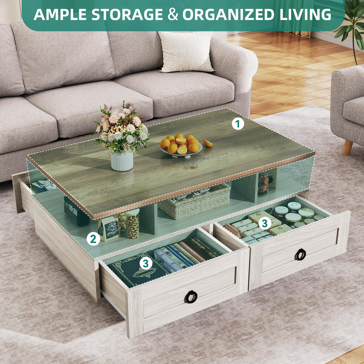 YITAHOME Farmhouse LED Coffee Table with Storage 4 Drawers, Wood Coffee Tables for Living Room, 2 Tiers Open Display Area with Metal Chic Handles, Industrial Cocktail Center Table, Brown and Oak YITAHOME