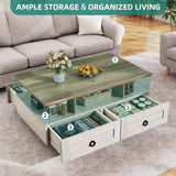 YITAHOME Farmhouse LED Coffee Table with Storage 4 Drawers, Wood Coffee Tables for Living Room, 2 Tiers Open Display Area with Metal Chic Handles, Industrial Cocktail Center Table, Brown and Oak YITAHOME