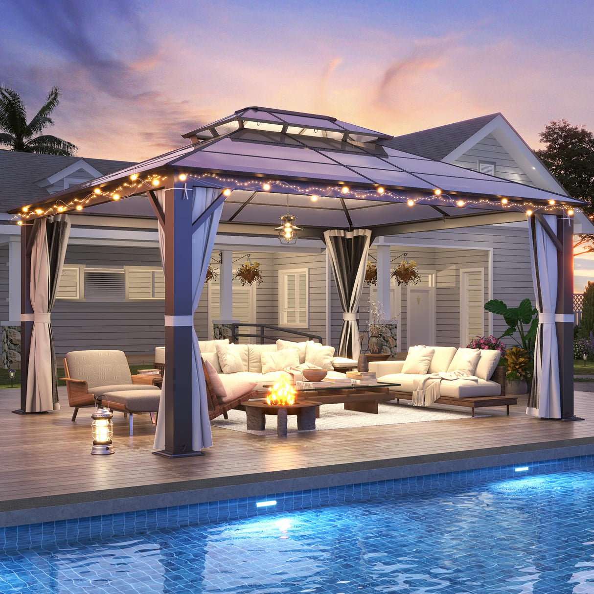 GARTOO 12x14FT Polycarbonate Hardtop Gazebo with Double Roof - Heavy-Duty Steel Frame Gazebo with Breathable Netting & Privacy Curtain for Patio, Porch, Garden, Lawn, Deck, Backyard GARTOO