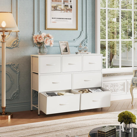 WLIVE Dresser with 7 Drawers, Dressers for Bedroom, Fabric Storage Tower, Hallway, Entryway, Closets, Sturdy Steel Frame, Wood Top, Easy Pull Handle, White WLIVE