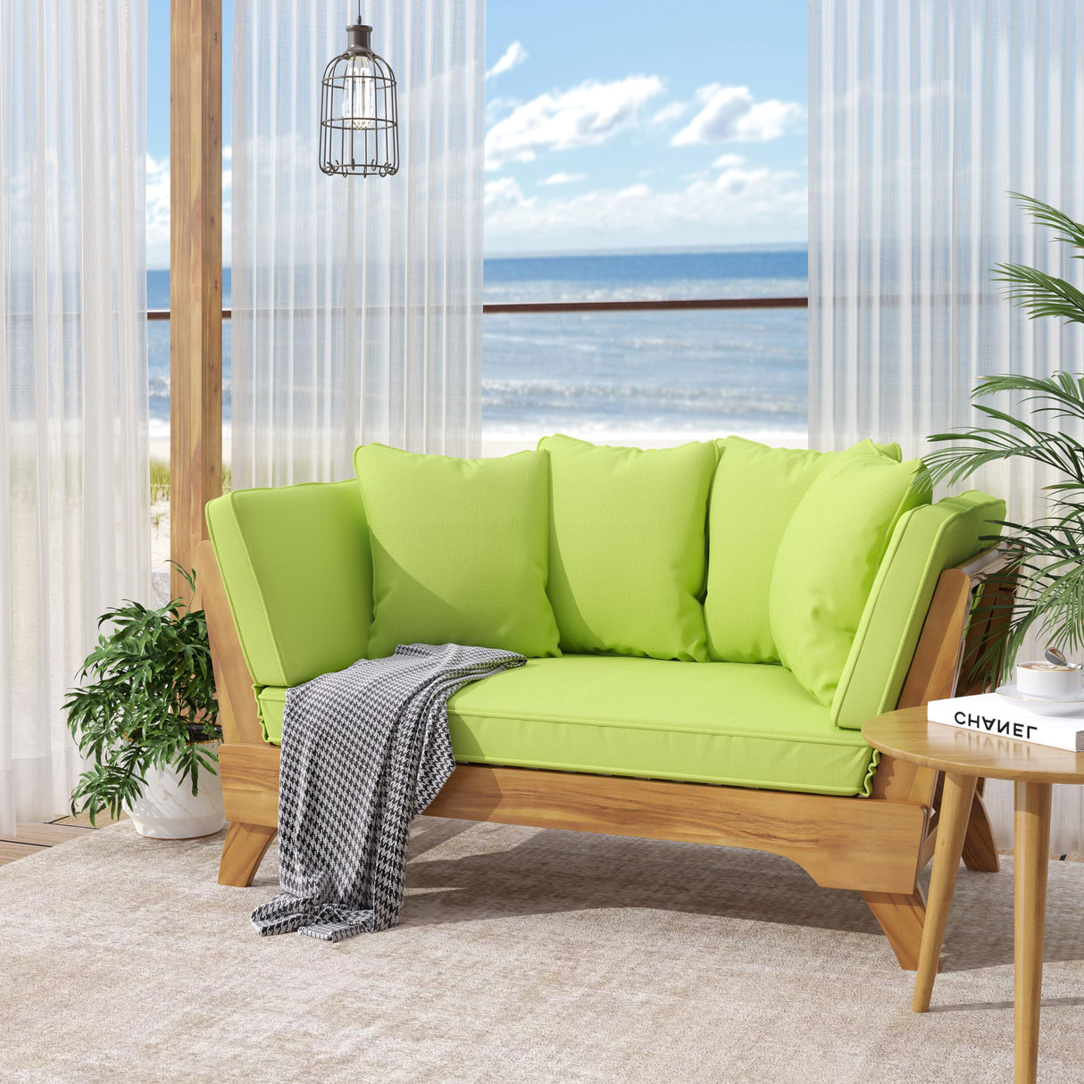 Merax Outdoor Patio Convertible Sofa Couch, Luxury Green Sectional Daybed with High Back & Thick Cushions, Coastal Furniture for Backyard Balcony Poolside, Acacia Wood & Waterr Resistant, Green Merax
