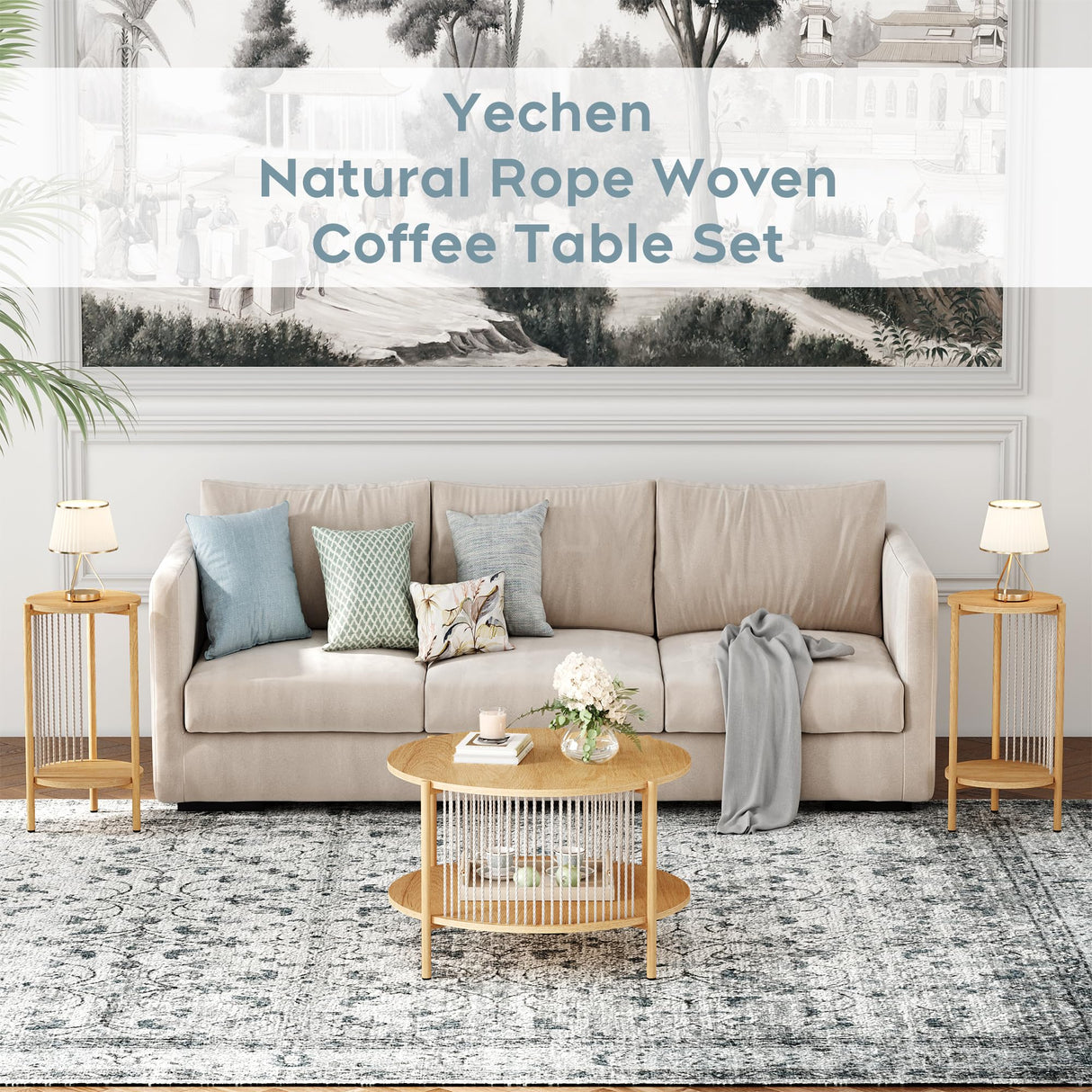 Yechen 3-Piece Boho Coffee Table Set with Hand-Woven Natural Rope, 2 Tier Wooden Round Coffee Table and End Table Sets with Metal Frame, Side Table with Storage for Living Room, Bedroom Yechen
