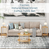 Yechen 3-Piece Boho Coffee Table Set with Hand-Woven Natural Rope, 2 Tier Wooden Round Coffee Table and End Table Sets with Metal Frame, Side Table with Storage for Living Room, Bedroom Yechen