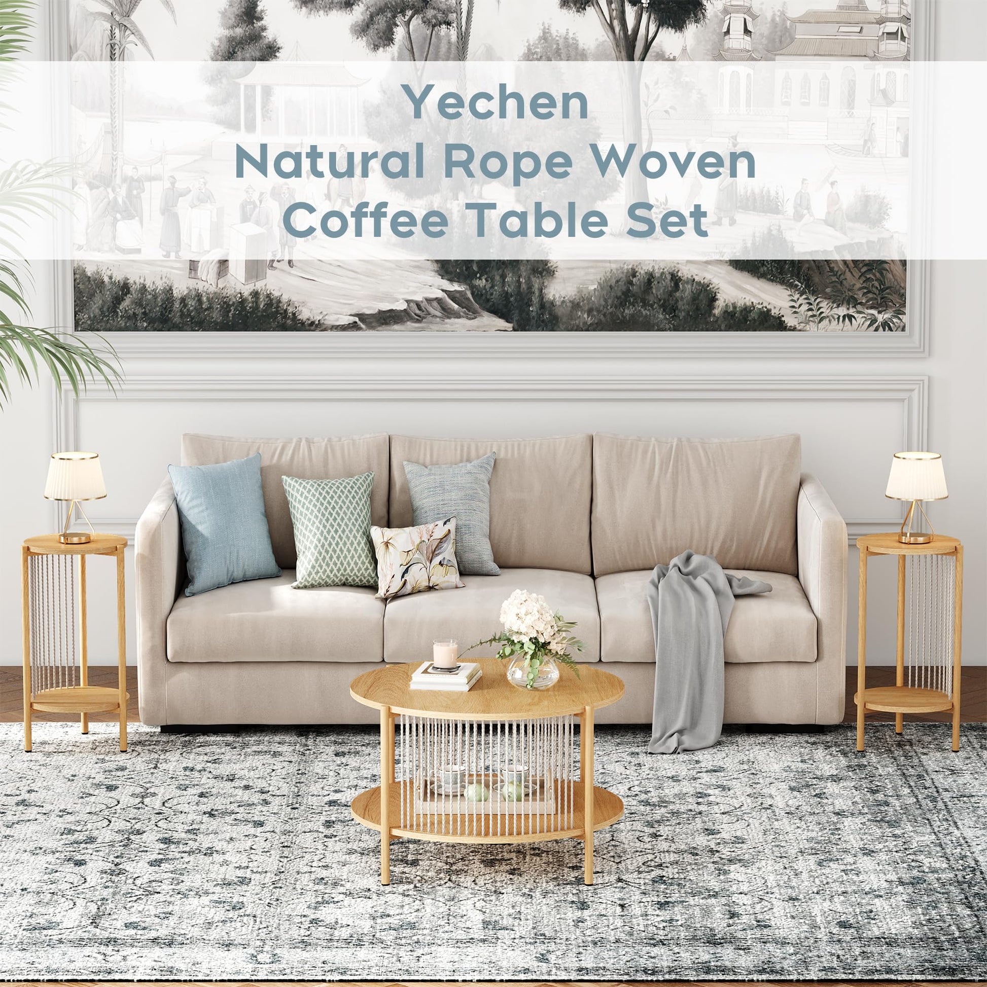 Yechen 3-Piece Boho Coffee Table Set with Hand-Woven Natural Rope, 2 Tier Wooden Round Coffee Table and End Table Sets with Metal Frame, Side Table with Storage for Living Room, Bedroom - WoodArtSupply