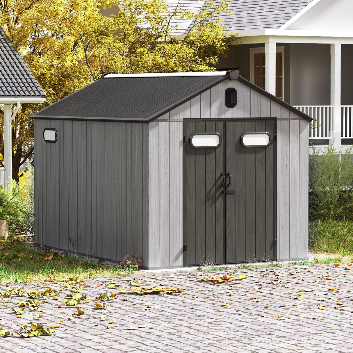Domi 8x10FT Outdoor Resin Storage Shed with Transparent Windows & Louvered Vents, Plastic Tool Shed with Double Lockable Doors & Gable Roof, Outside Garden Shed for Backyard, Patio, Lawn, Grey domi outdoor living