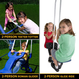 Sportspower Super 9 Metal Swing Set: Teeter Totter, 2 Kid Glide Ride Swing/Roman Glider Swing, Standing Swing + Trapeze Bar, Blow Molded Swing + 5' Wavy Slide Bonus 4pc Anchor Kit*, Blue/Yellow Sportspower