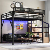 Queen Loft Bed with Stairs and Wardrobe, Queen Size Loft Bed with Charging Station, Lights and Bedside Shelf, Heavy Duty Loft Bed Frame for Adults, Teens, Kids, Noise Free, Natural Wood Bellemave