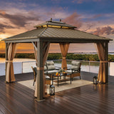 YITAHOME 10x12ft Hardtop Gazebo with Nettings and Curtains, Heavy Duty Double Roof Galvanized Steel Outdoor Combined of Horizontal Vertical Stripes Roof for Patio, Backyard, Deck, Lawn (Bronze) YITAHOME