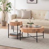 IDEALHOUSE Round Coffee Table Living Room Wood Center Table with Two Drawers Farmhouse Coffee Table Rustic Circle Cocktail Table Metal Legs, Easy Assembly, Natural IDEALHOUSE