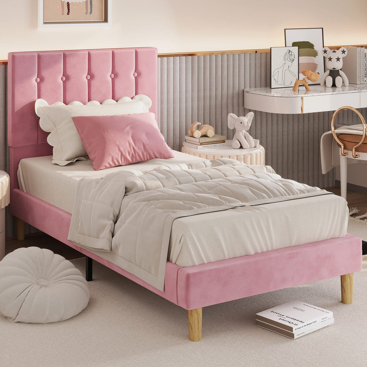 LIKIMIO Twin Bed Frames, Velvet Upholstered Platform Bed Frame with Headboard and Strong Wooden Slats, No Box Spring Needed/Noise-Free/Easy Assembly, Pink LIKIMIO