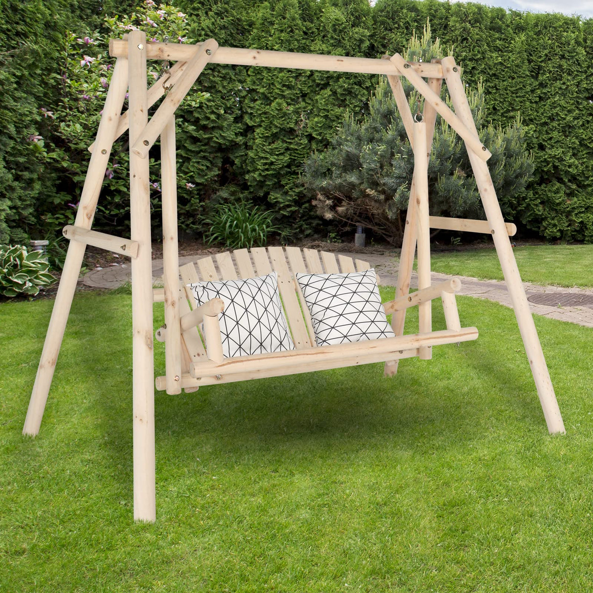 VINGLI Heavy Duty 880 LBS Wooden Patio Porch Swing with A-Frame Stand, Hanging Swing Bench Chair with Frame for Outside, Yard, Garden (Natural) VINGLI