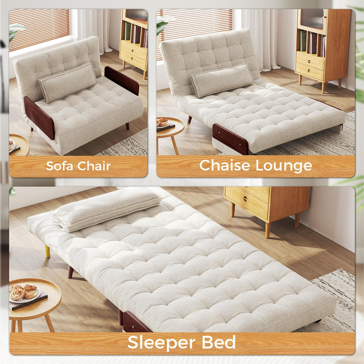 JASIWAY 3-in-1 Convertible Chair Bed Sleeper for Adults, Linen Convertable Sleeper Chair with Wooden Arms & Pillows, Foldable Single Futon Sofa Bed (Mid Century with Walnut Arm, 36.6" Wide) JASIWAY