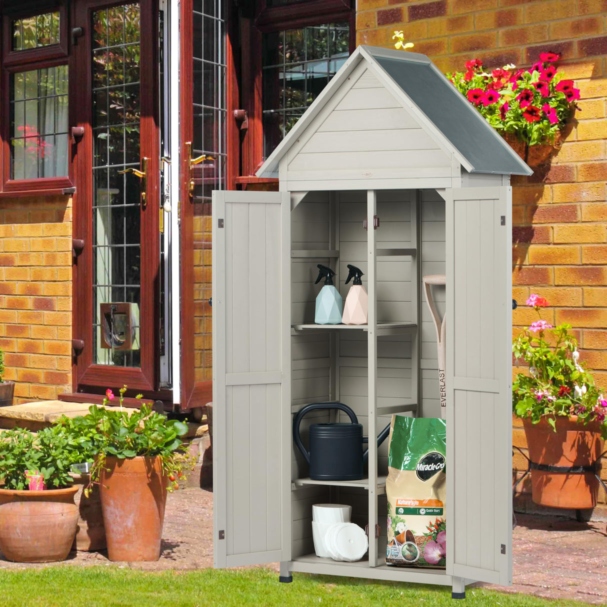 Outdoor Storage Shed with Floor & Adjustable Shelves, Wooden Garden Tool Cabinet Weatherproof, 71" Vertical Patio Organizer HABAU