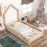 Dolonm Twin Size Montessori House-Shaped Floor Bed Frame with Guardrails in Natural Pine Wood Dolonm
