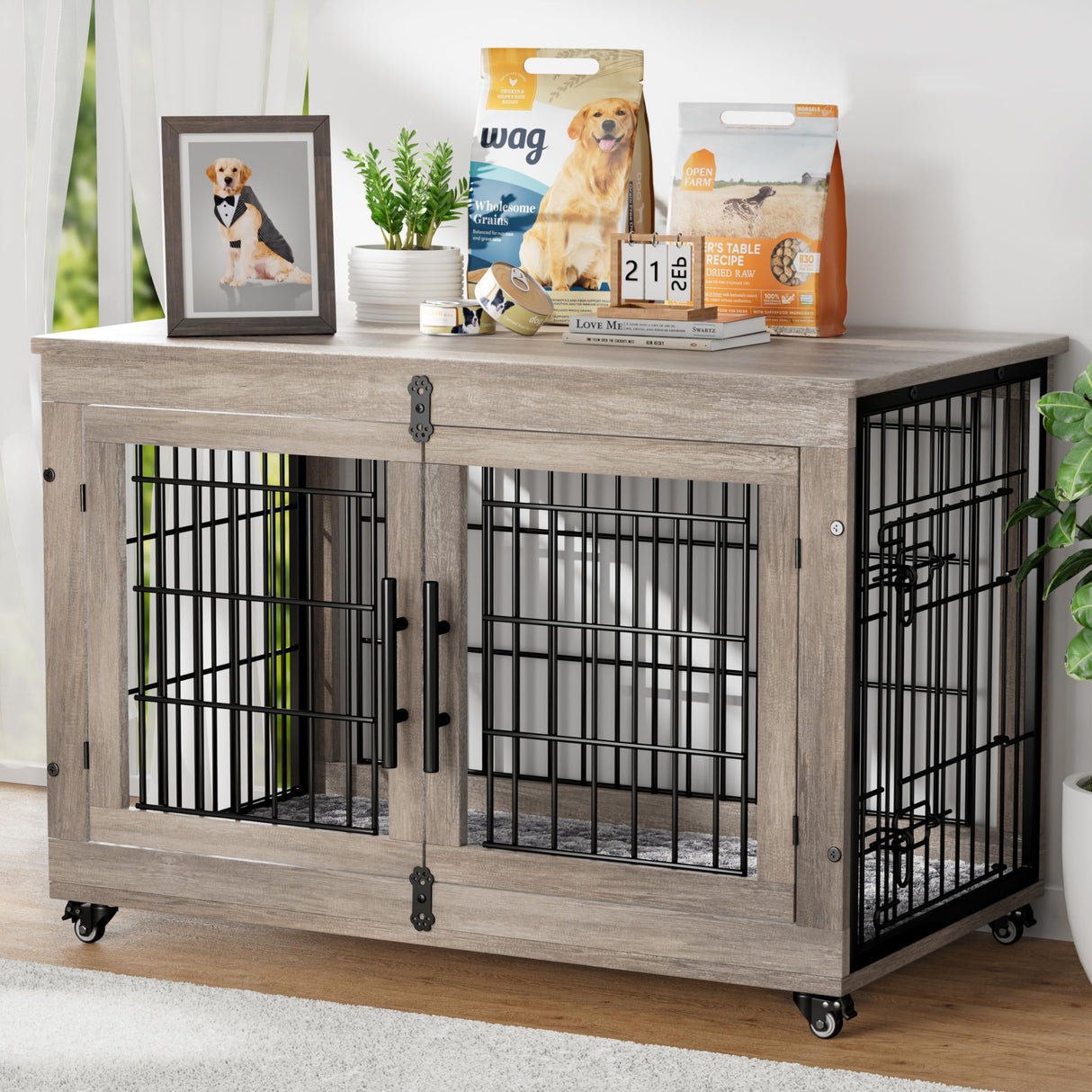 Dog Crate Furniture with Cushion, Large Wooden Dog Kennel Indoor with Double Doors, Dog Cage with Wheels, Dog House Side End Table for Large Medium Dogs up to 70 lb, 38.5” L, Grey YaFiti