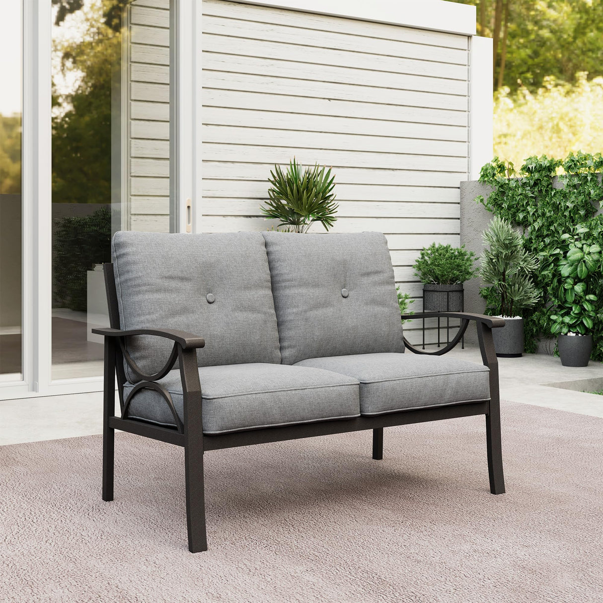 RoyalCraft Patio Loveseat, All-Weather Outdoor 2 Seats Sofa Couch,Khaki Metal Furniture with Gray Cushions RoyalCraft