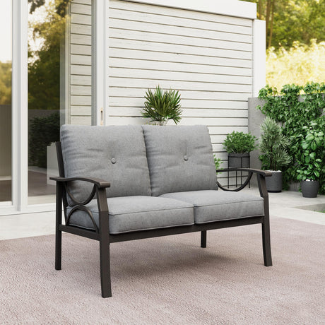 RoyalCraft Patio Loveseat, All-Weather Outdoor 2 Seats Sofa Couch,Khaki Metal Furniture with Gray Cushions RoyalCraft