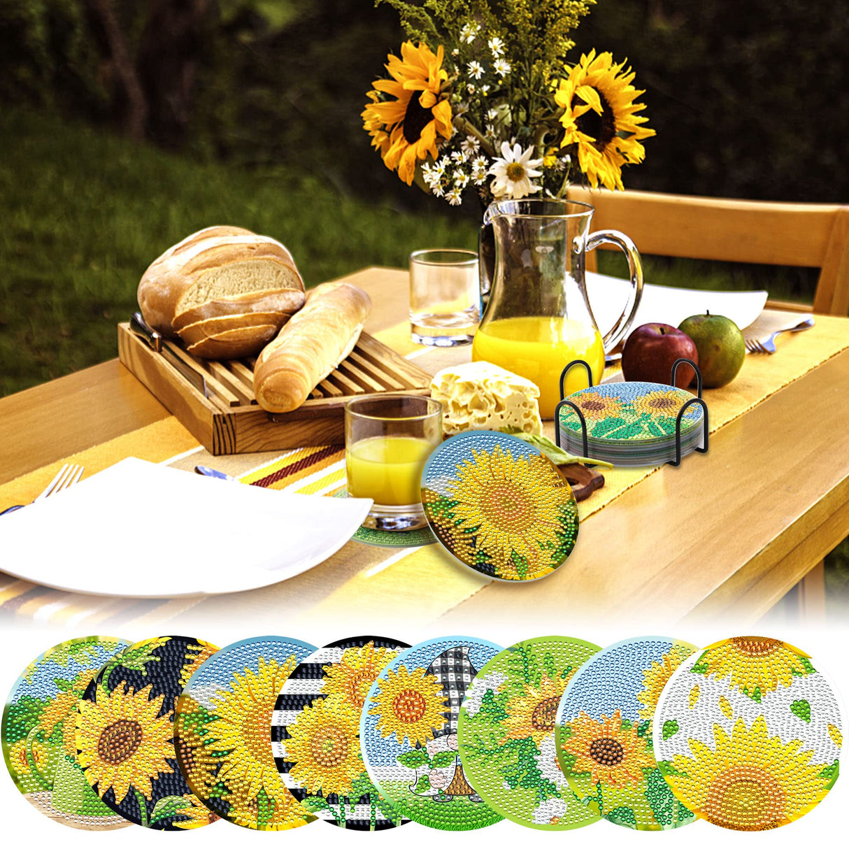 8 Pieces Sunflower Diamond Art Painting Coasters DIY 5D Full Drill Coasters Acrylic Round Cup Coaster with Holder Cork Pads for Spring Summer Party Home Decor DIY Crafts Augisteen