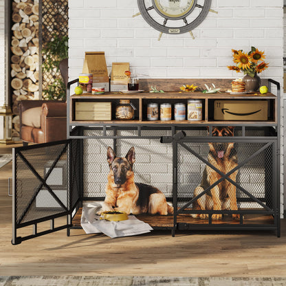 Fulhope Dog Crate Furniture,Wooden Dog Crate End Table,48 Inch Dog Kennel with Drawers,Heavy Duty Dog Crate,Decorative Pet Crate Dog Cage for Indoor Use (Rustic Brown) - WoodArtSupply