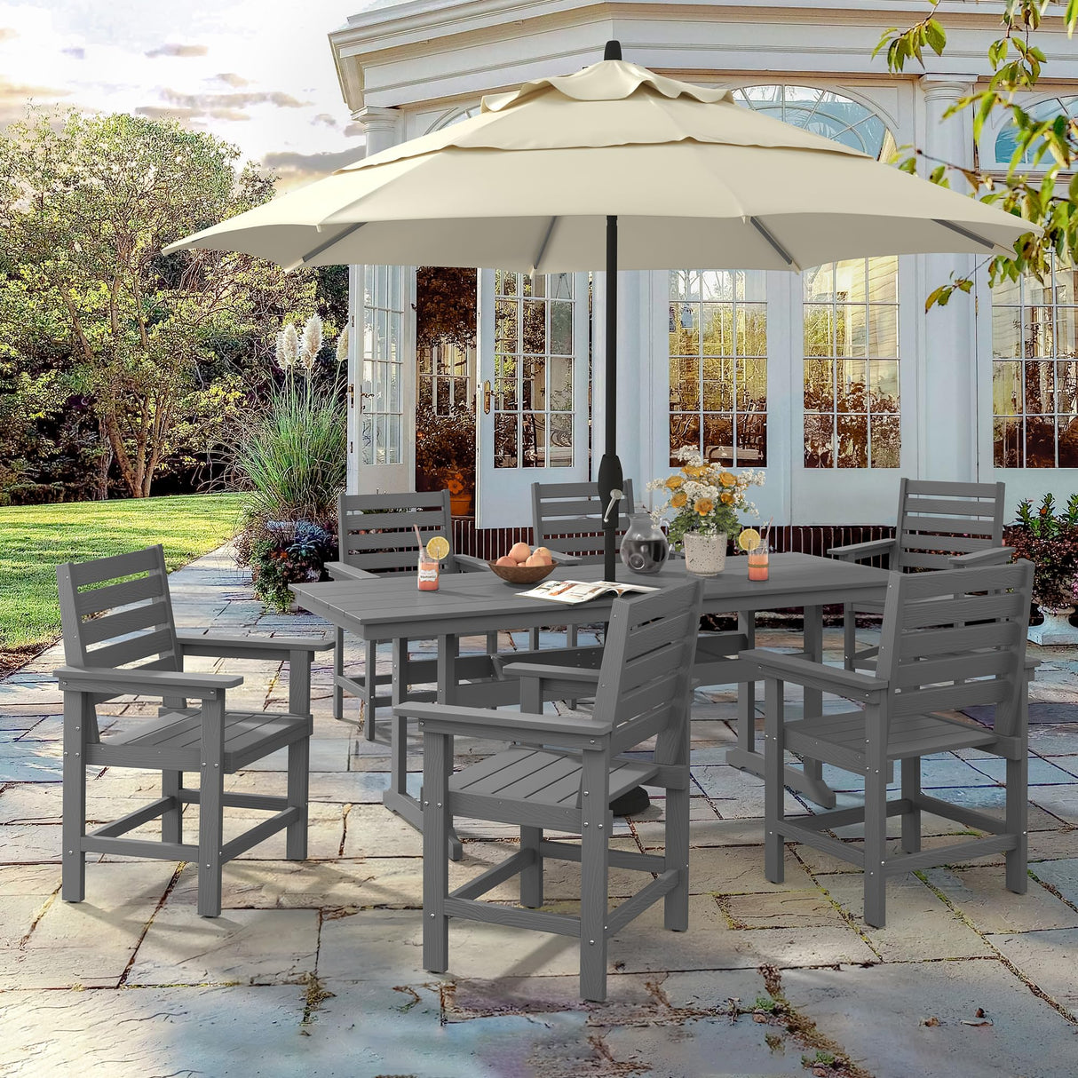 Homenjoy 9 Pieces Patio Table and Chairs Set, HDPS Weather Resistant Outdoor Patio Dining Set with Umbrell Hole, Rectangle Outdoor Dining Table with 8 Patio Chairs for Balcony Backyard Deck, Grey Homenjoy