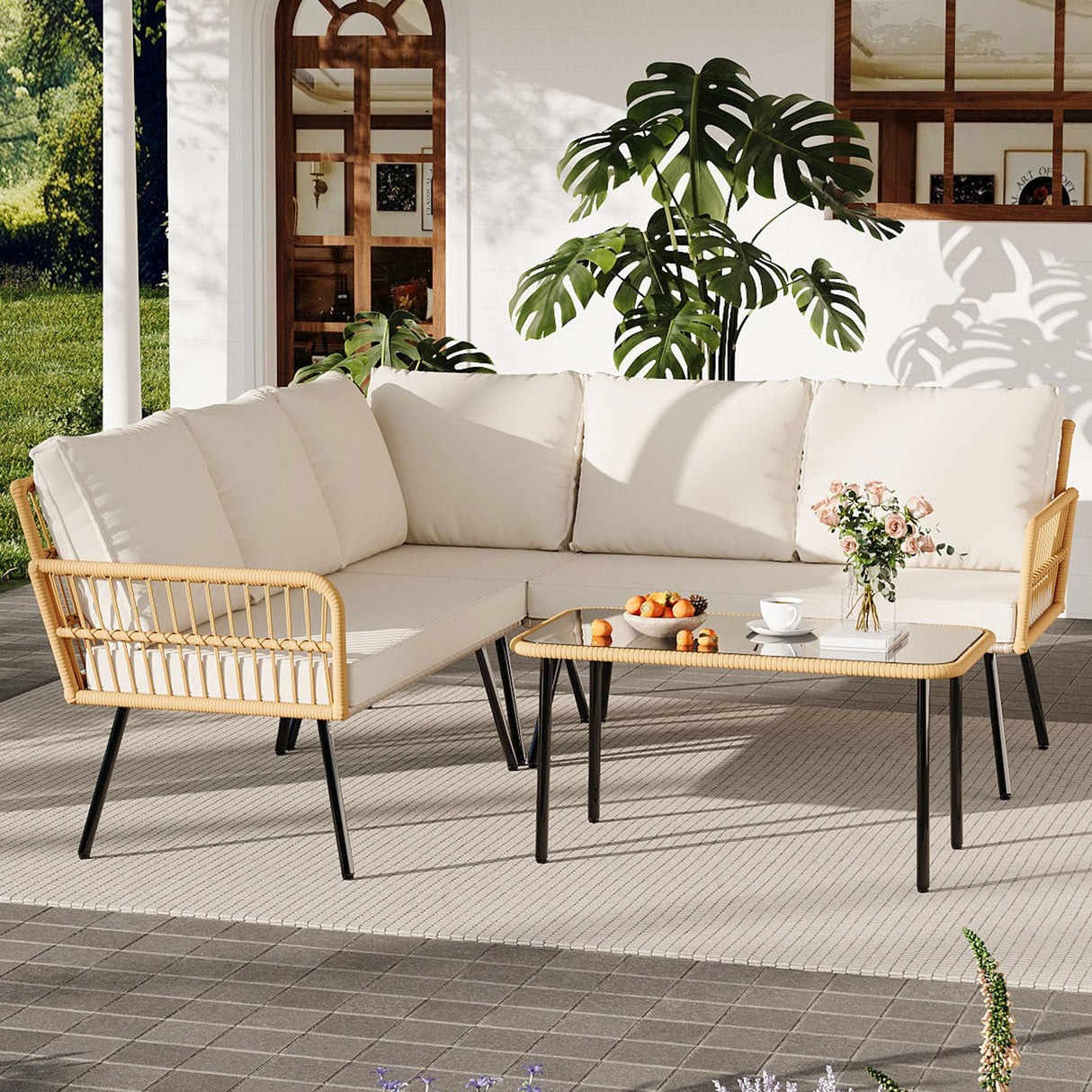 GarveeLife Wicker 4 Pieces Patio Furniture Sets Outdoor Sectional L-Shaped with Cushions & Side Table and Chairs Set, Boho Rattan 5 Seater Conversation Sets for Apartment, Bistro, Backyard,Porch,Beige GarveeLife