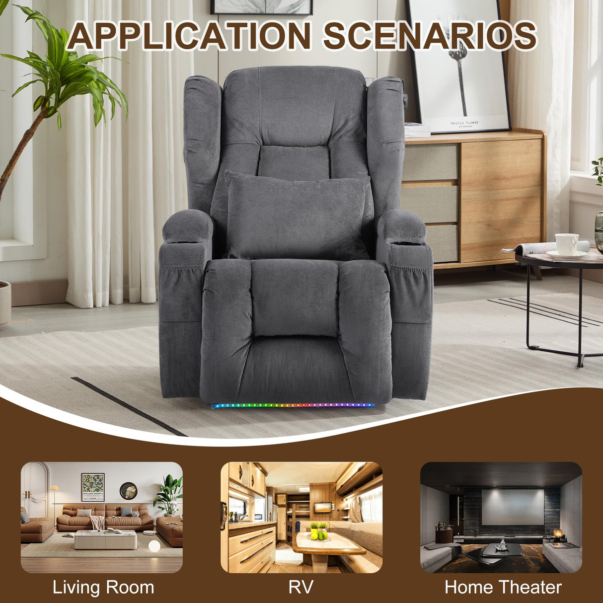 DRMBOOK Power Recliner Chair, Electric Wall Hugger Reclining Sofa with Massage & Heat, Overstuffed Movie Theater Seating with LED/USB Port/Cup Holders for Living Room (Linen Grey, 1 Chair) DRMBOOK