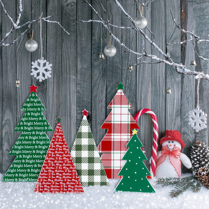 Whaline 5Pcs Wooden Christmas Tree Tabletop Decoration 3 Sizes Red Green Plaid Xmas Tree Table Centerpieces Rustic Sanding Christmas Tree Wood Sign for Home Office Fireplace Farmhouse