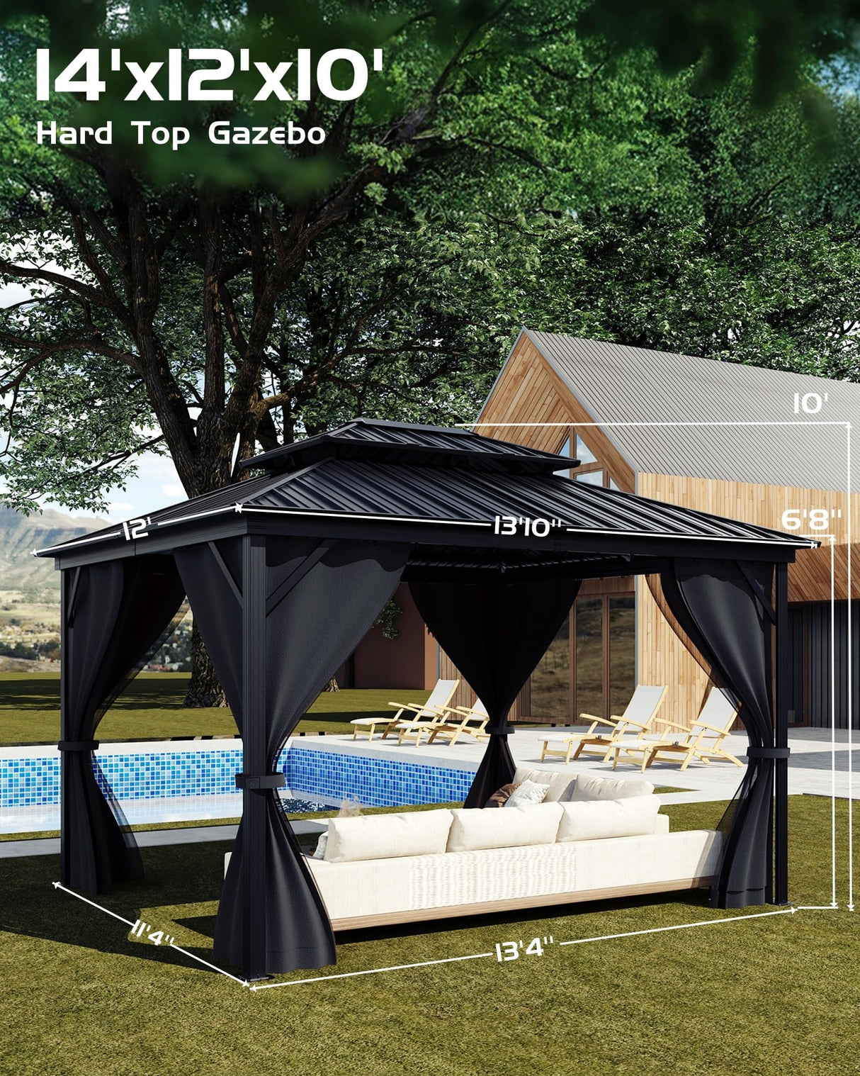 GarveeLife Hardtop Gazebo 12'x14' for All Weather, with Double Metal Roof, Aluminum Alloy Frame, Net, and Curtain, Permanent Building for Patio, Deck, Backyard, Lawn, and Garden, Gray GarveeLife