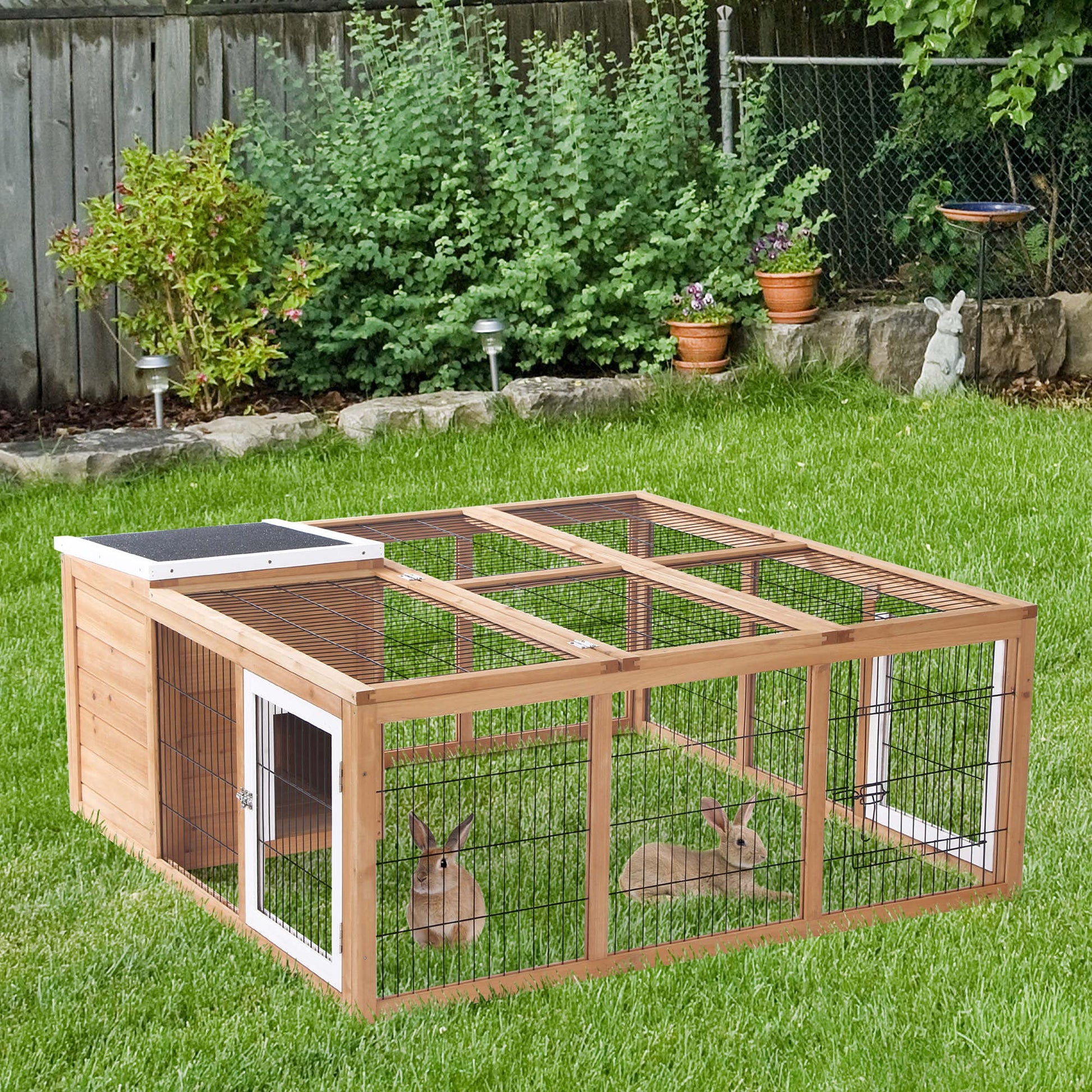 PawHut Rabbit Hutch Bunny Cage with Openable Main House, Indoor Outdoor Waterproof Rabbit House, Guinea Pig Cage for Small Animals with Three Ventilation Doors, Natural - WoodArtSupply