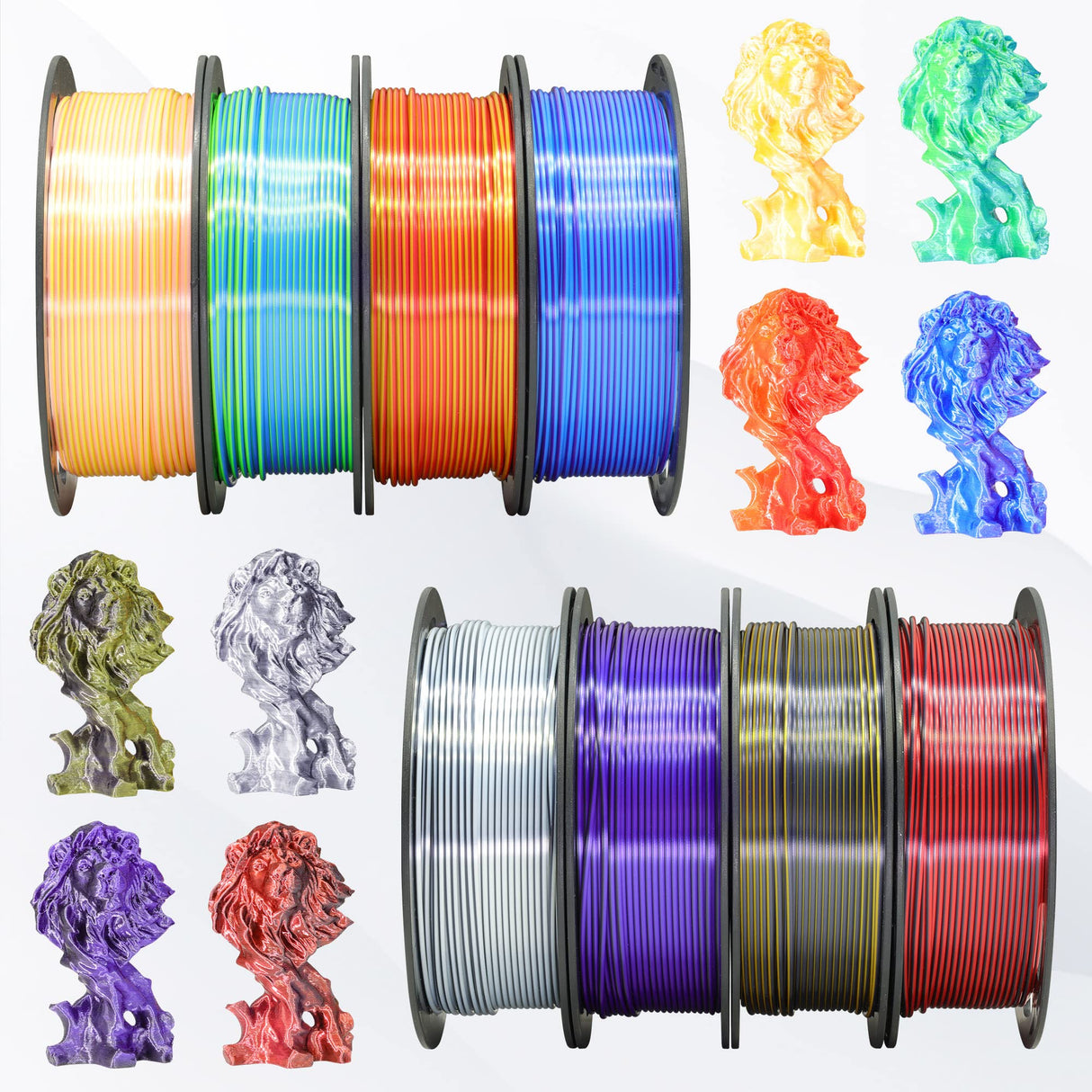 BBLIFE 8 Spools Dual Color Silk PLA 3D Printer Filament Bundle, Silk White/Black, Red/Black, Gold/Black, Purple/Black, Purple/Blue, Red/Gold, Green/Blue, Yellow/Pink, 1.75mm Bicolor Silk PLA 250gX8 Bblife