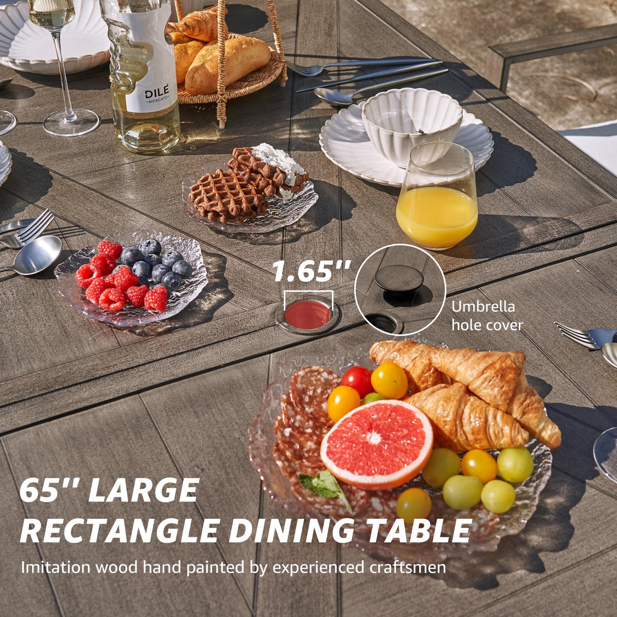 NATURAL EXPRESSIONS 7 Piece Patio Dining Table Outdoor Furniture Set for 6, 4Pcs Fixed and 2Pcs Swivel Patio Dining Chairs with Olefin Cushions, 65”Large Dining Table with Umbrella Hole NATURAL EXPRESSIONS