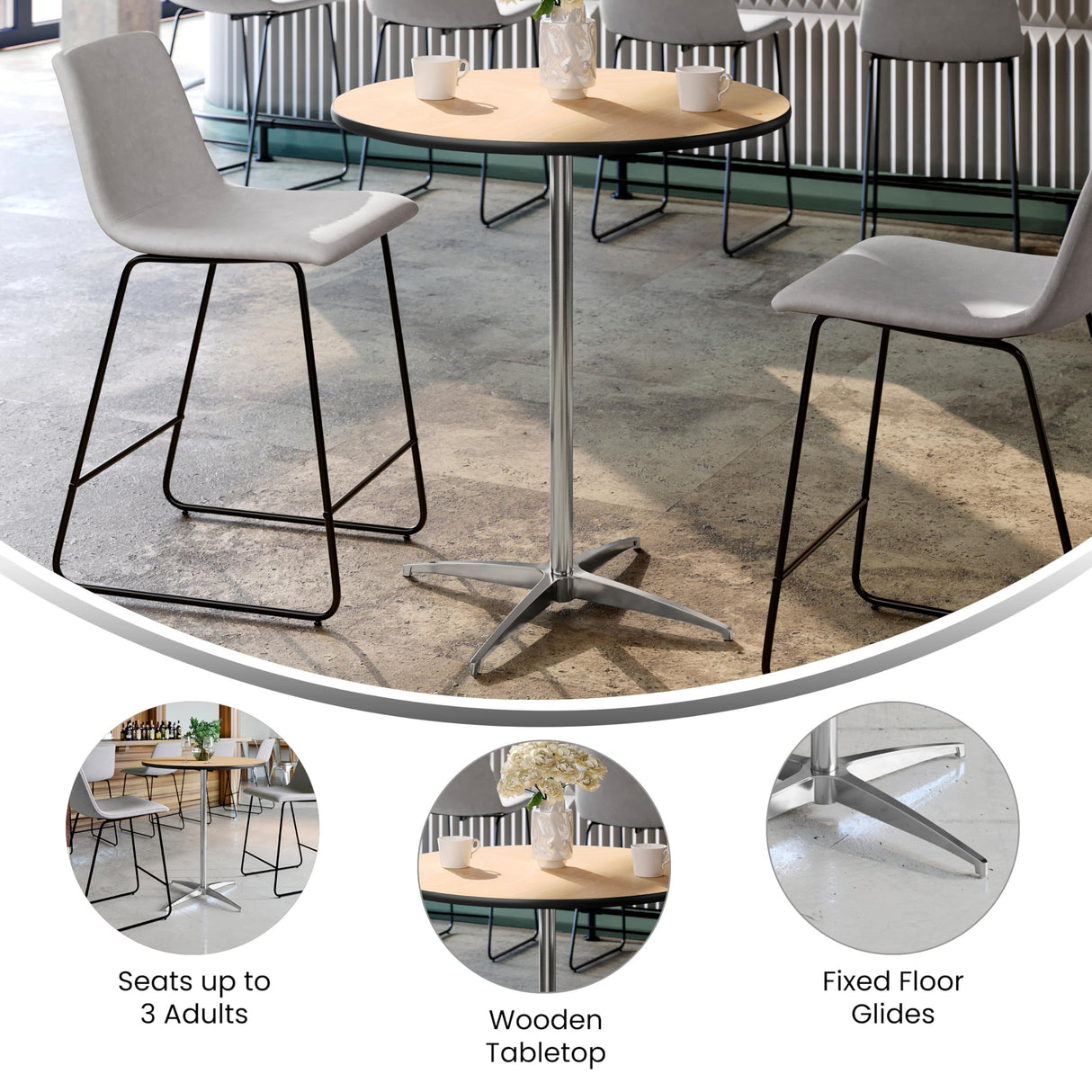 Flash Furniture Lars 30'' Round Wood Cocktail Table with 30'' and 42'' Columns, Adjustable Wood Bar Height Table for Events or Home Use, Natural Flash Furniture