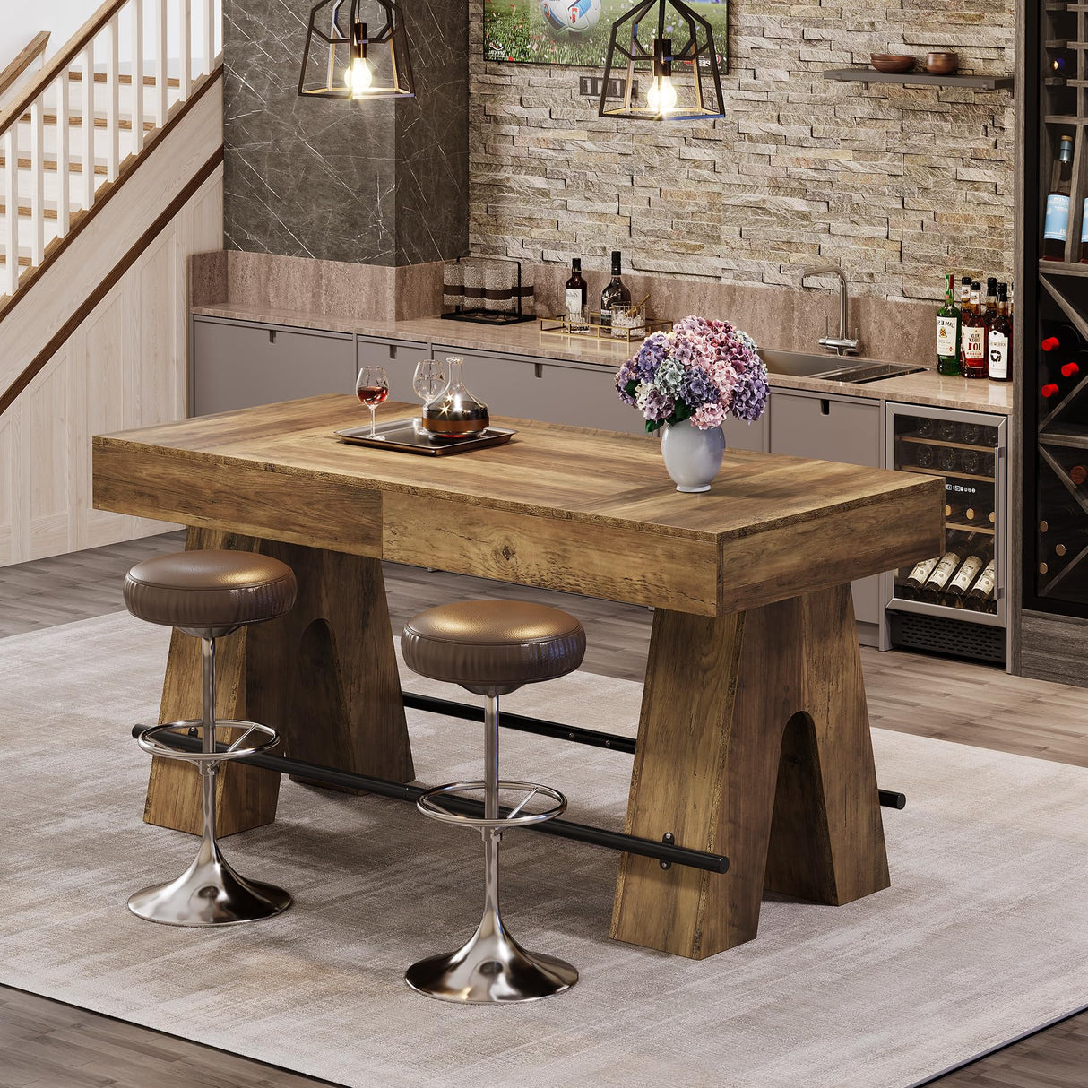 Tribesigns Bar Table, 63-Inch Bar Height Pub Table, Counter Height Table with Metal Footrest, Rectangular High Top Dining Counter Tables with Wood Base for Home Bar, Kitchen, Rustic Brown Tribesigns