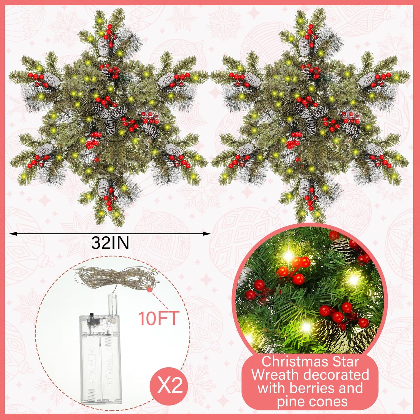 Sosation 2 Pack 32 Inch Artificial Christmas Star Wreaths Christmas Wreath with Pine Cones Berry Clusters Frosted Branches White Lights Battery Operated Home Xmas Party Decoration