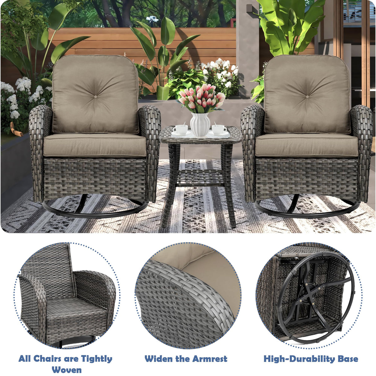 TIMWNER 3-Piece Swivel Rocker Wicker Chair Set of 2 ，360-Degree Rocking Chairs Outdoor with Cushions，Glass Table for Garden,Backyard, Bistro.Brown TIMWNER