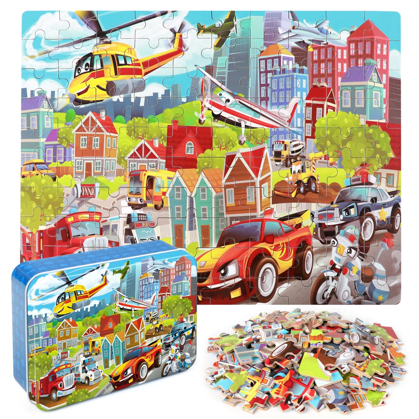 LELEMON Puzzles for Kids Ages 4-8 Vehicles Jigsaw Puzzles in a Metal Box for Kids Boys Girls 100 Pieces Fire Truck Ambulance Police Car Helicopter Aircraft Learning Educational Puzzles